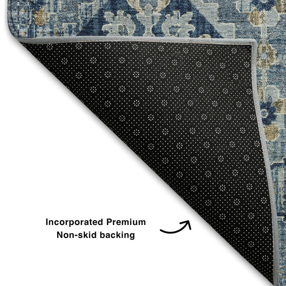 9' X 12' Denim Blue And Gold Oriental Washable Area Rug With UV Protection