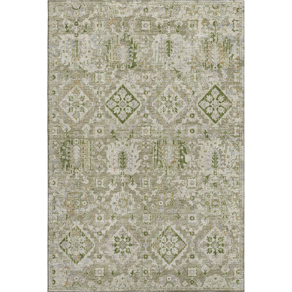 9' X 12' Fern Green And Beige Oriental Washable Area Rug With UV Protection