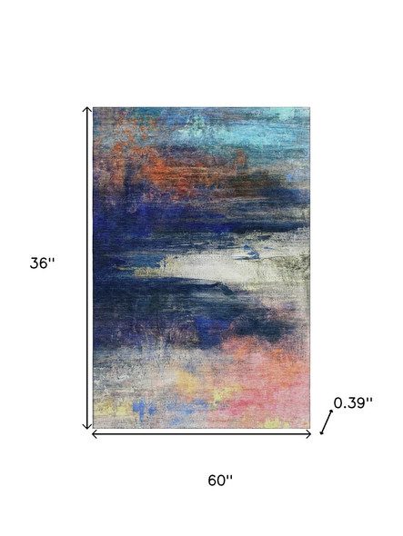 3' X 5' Blue And Pink Abstract Washable Area Rug With UV Protection