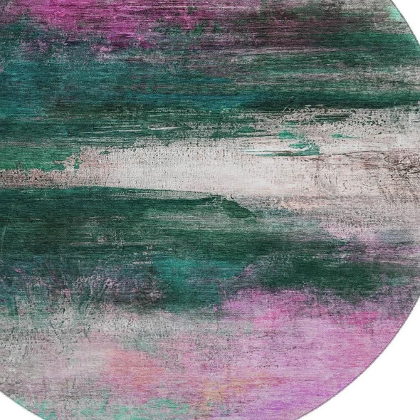 8' Green And Mauve Abstract Washable Round Rug With UV Protection