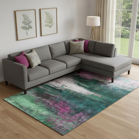 10' X 14' Green And Mauve Abstract Washable Area Rug With UV Protection