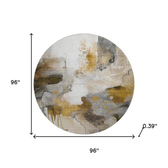 8' Coffee And Ivory Abstract Washable Round Rug With UV Protection