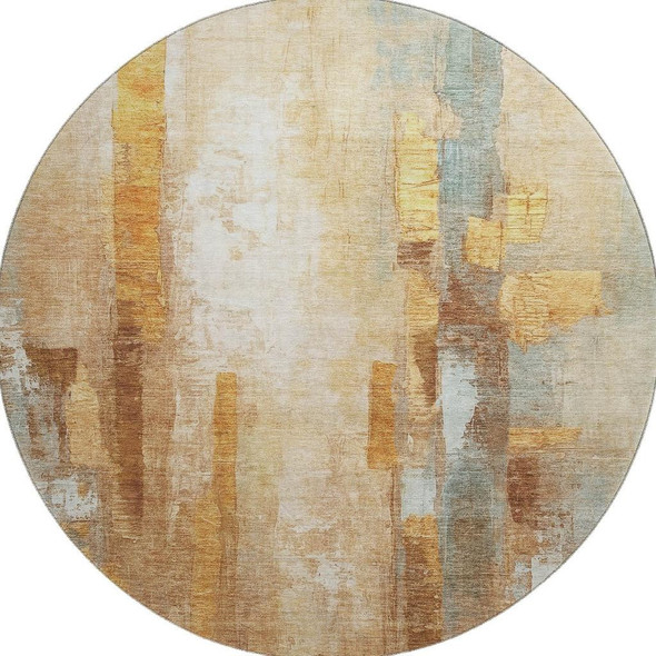 8' Copper And Ivory Abstract Washable Round Rug With UV Protection