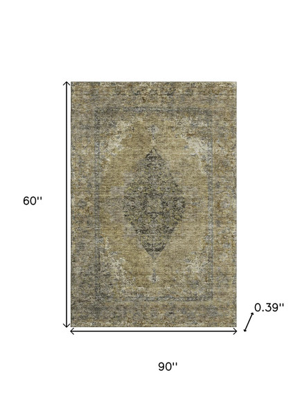 5' X 8' Khaki And Beige Medallion Washable Area Rug With UV Protection