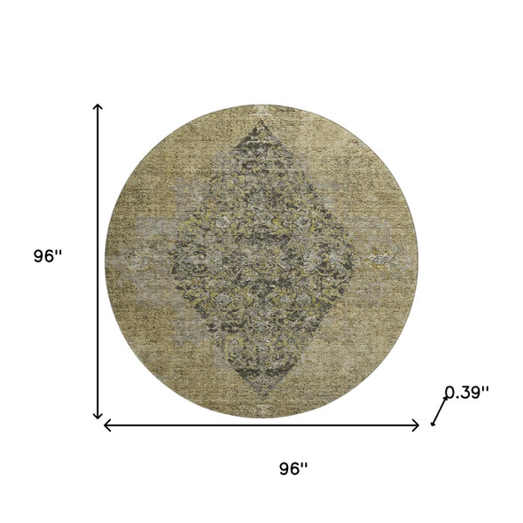8' Khaki And Beige Medallion Washable Round Rug With UV Protection