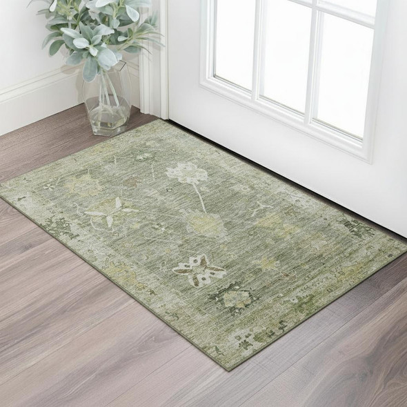 3' X 5' Sage And Beige Oriental Washable Area Rug With UV Protection