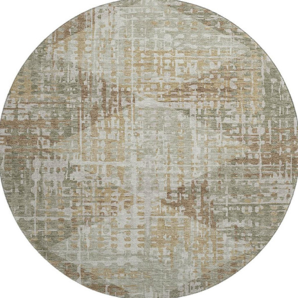 8' Sage And Beige Geometric Washable Round Rug With UV Protection