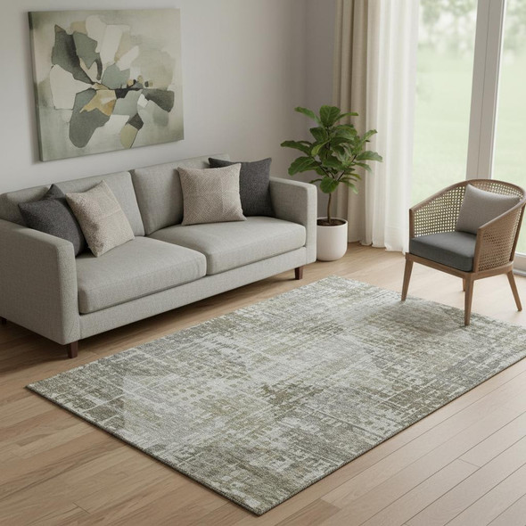 5' X 8' Pewter And Gray Geometric Washable Area Rug With UV Protection