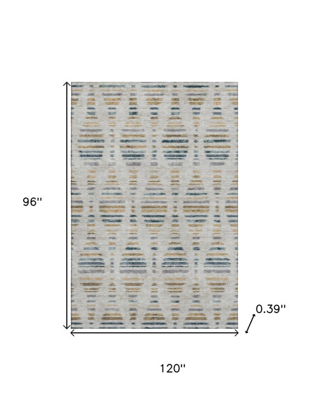 8' X 10' Linen And Blue Striped Washable Area Rug With UV Protection