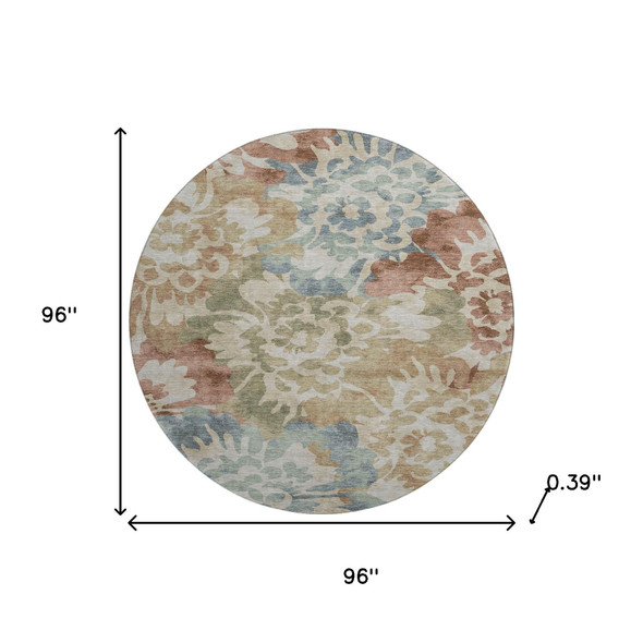 8' Rust And Blue Floral Washable Round Rug With UV Protection