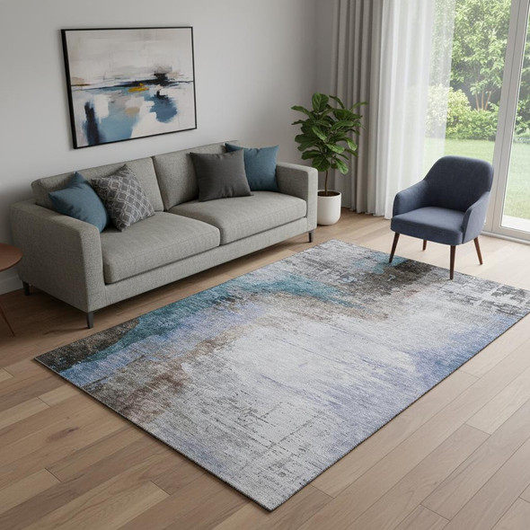 5' X 8' Brown And Blue Abstract Washable Area Rug With UV Protection