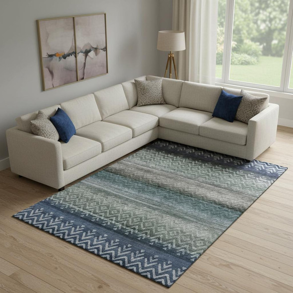10' X 14' Blue And Gray Geometric Washable Area Rug With UV Protection