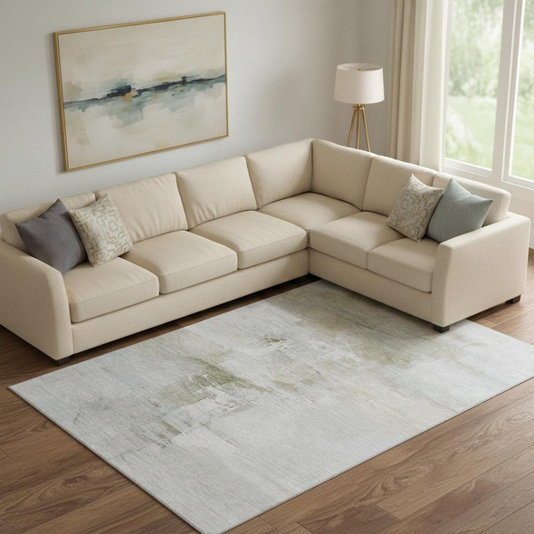 9' X 12' Linen And Ivory Abstract Washable Area Rug With UV Protection