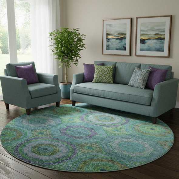 8' Teal And Lime Green Geometric Washable Round Rug With UV Protection