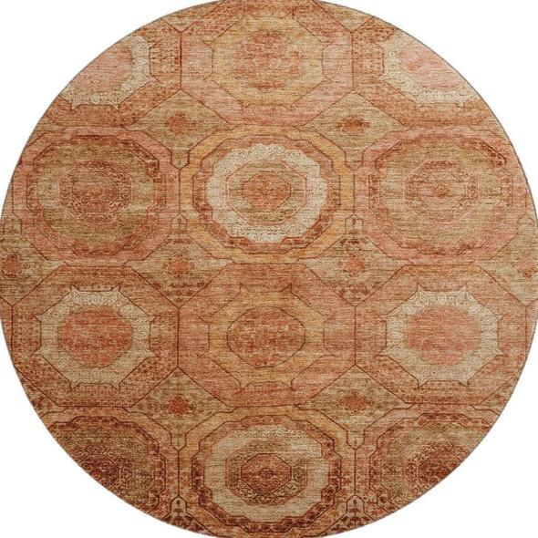 8' Terra Cotta And Copper Geometric Washable Round Rug With UV Protection