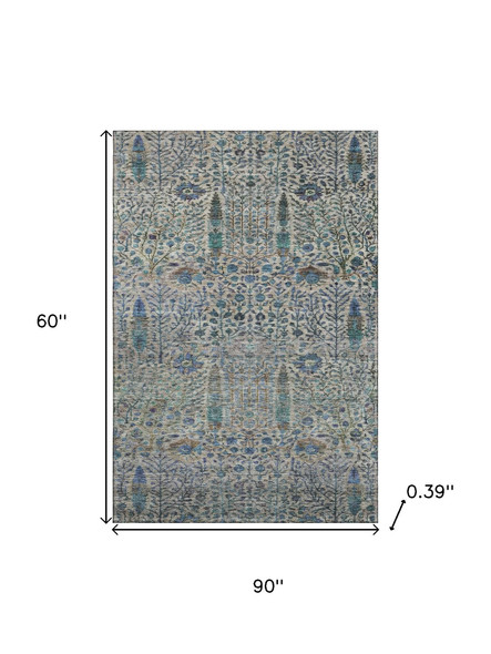 5' X 8' Brown And Teal Floral Vines Washable Area Rug With UV Protection