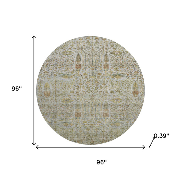8' Linen And Gold Floral Vines Washable Round Rug With UV Protection