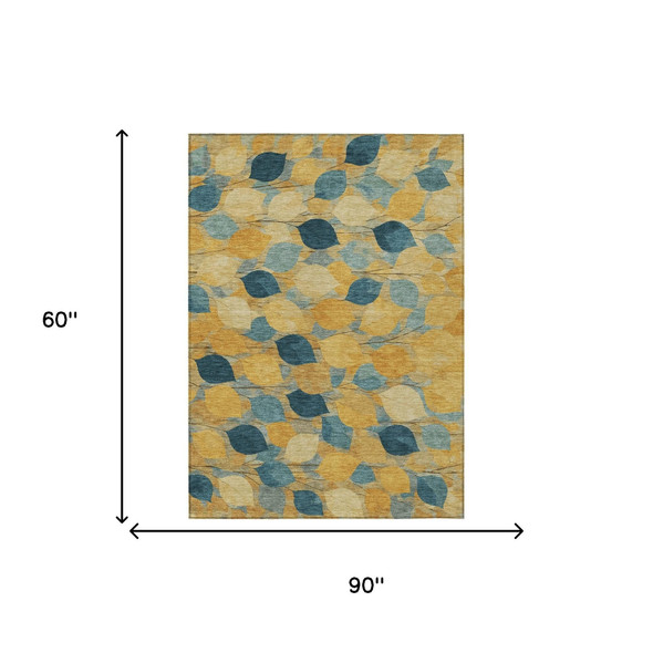 5' X 8' Gold And Wheat Floral Washable Indoor Outdoor Area Rug