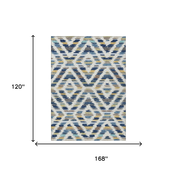 10' X 14' Navy Blue And Ivory Tribal Washable Indoor Outdoor Area Rug
