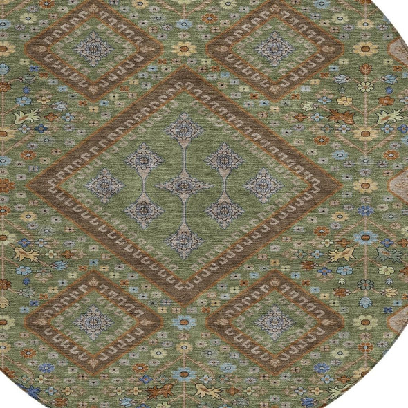 8' Olive Green And Chocolate Round Medallion Washable Indoor Outdoor Area Rug