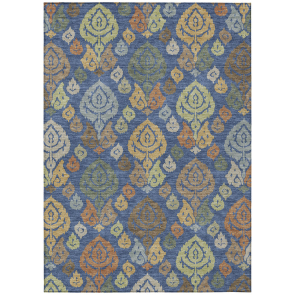 9' X 12' Navy Blue And Ivory Damask Washable Indoor Outdoor Area Rug