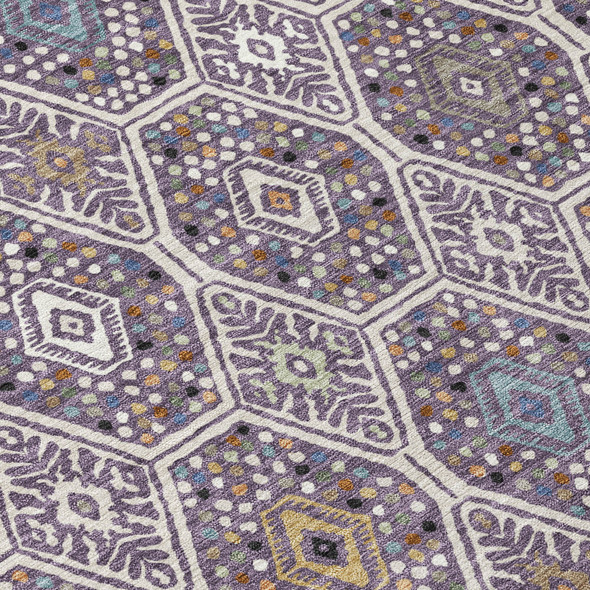 8' Linen And Plum Round Geometric Washable Indoor Outdoor Area Rug