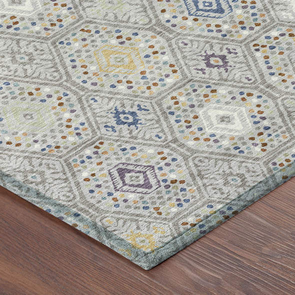 8' Silver And Brown Round Geometric Washable Indoor Outdoor Area Rug