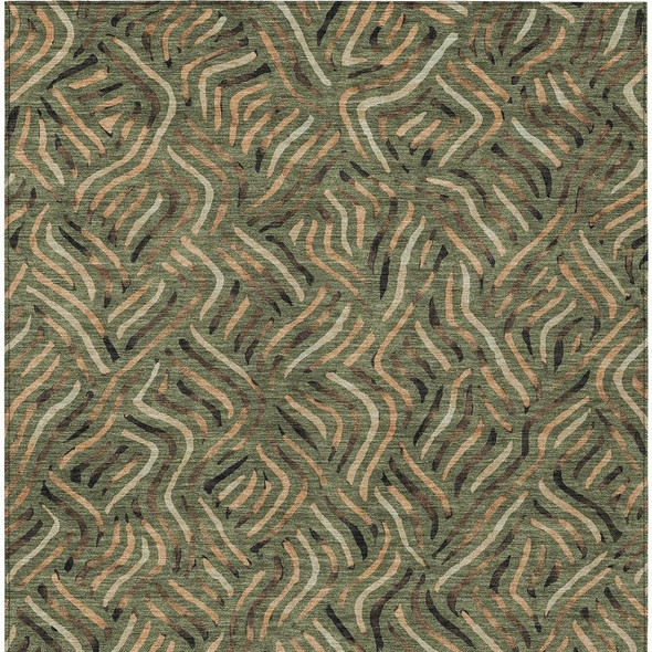 8' X 10' Olive Green And Copper Abstract Washable Indoor Outdoor Area Rug