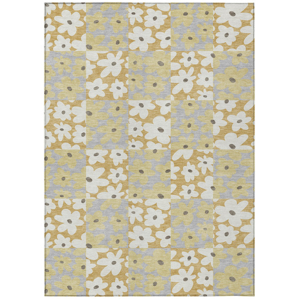 10' X 14' Gold And Ivory Floral Washable Indoor Outdoor Area Rug