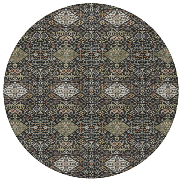 8' Black And Charcoal Round Geometric Washable Indoor Outdoor Area Rug