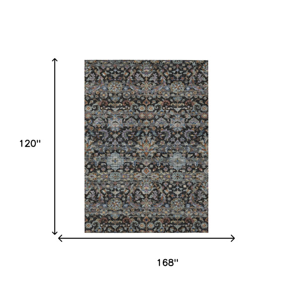 10' X 14' Black And Charcoal Floral Medallion Washable Indoor Outdoor Area Rug