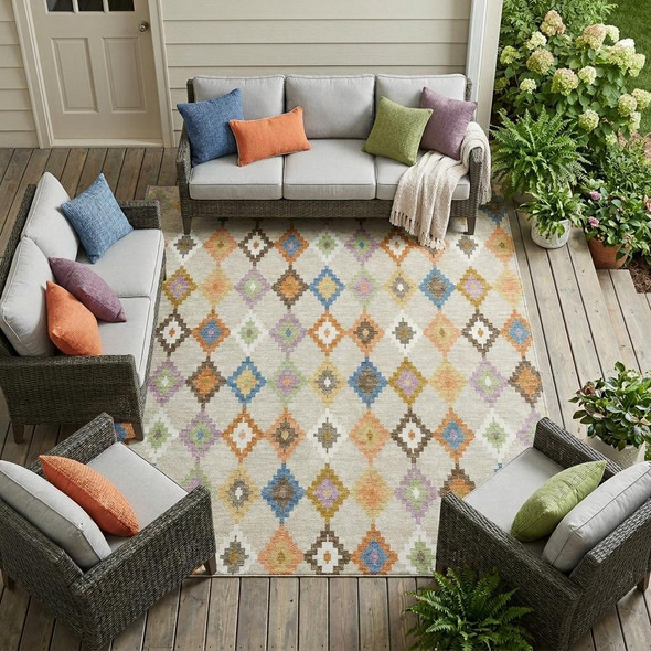 9' X 12' Beige And Ivory Aztec Washable Indoor Outdoor Area Rug