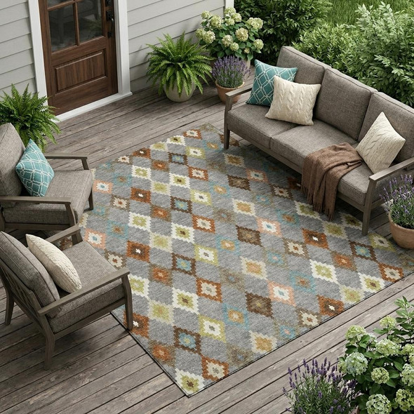 9' X 12' Gray And Beige Aztec Washable Indoor Outdoor Area Rug