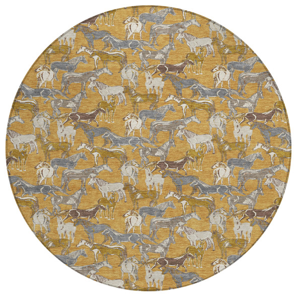 8' Gold And Beige Round Horse Washable Indoor Outdoor Area Rug