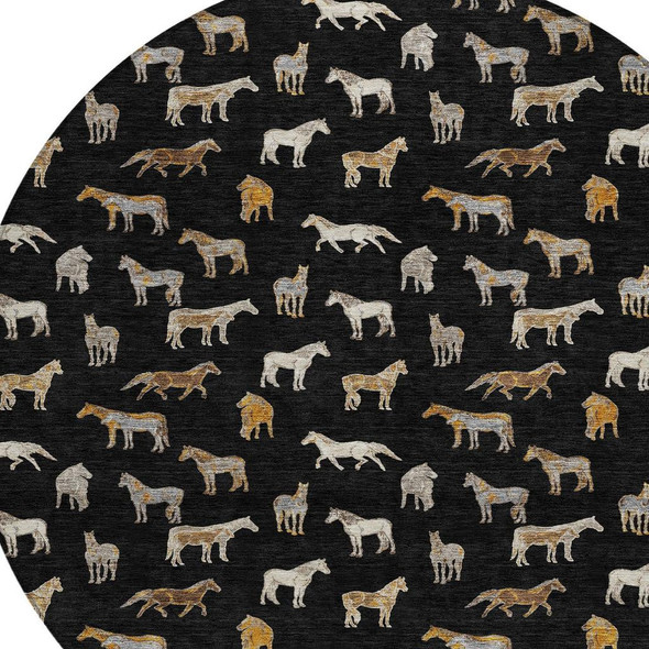 8' Black And Beige Round Horse Washable Indoor Outdoor Area Rug