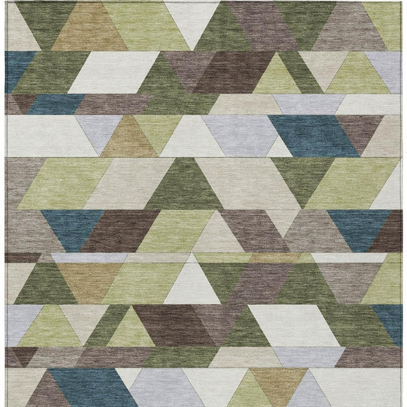 5' X 8' Olive Green And Beige Geometric Washable Indoor Outdoor Area Rug