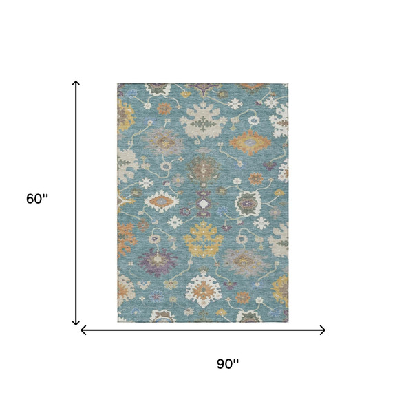 5' X 8' Teal Blue And Sage Oriental Washable Indoor Outdoor Area Rug