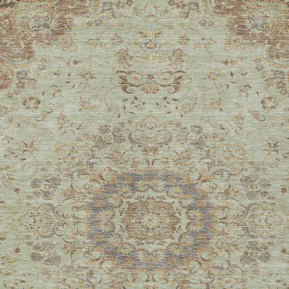 5' X 8' Sage And Brown Floral Medallion Washable Indoor Outdoor Area Rug