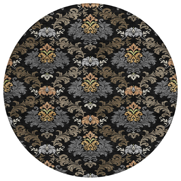 8' Black And Charcoal Round Damask Washable Indoor Outdoor Area Rug