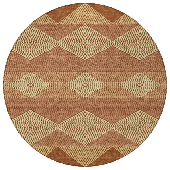 8' Orange And Copper Round Geometric Washable Indoor Outdoor Area Rug