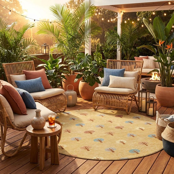 8' Gold And Orange Round Geometric Washable Indoor Outdoor Area Rug