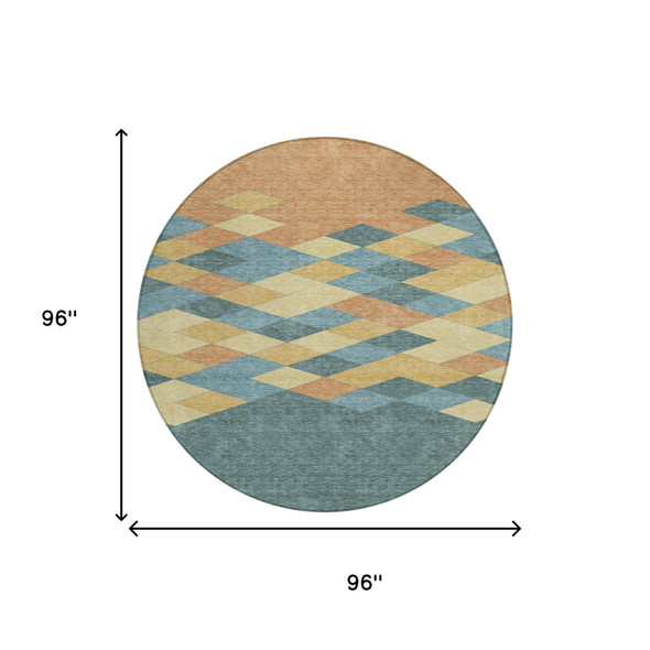 8' Teal Blue And Copper Round Geometric Washable Indoor Outdoor Area Rug