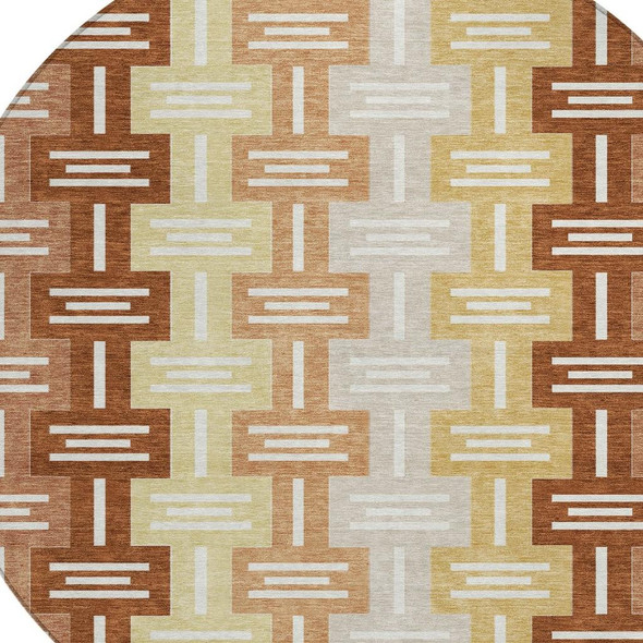 8' Orange And Copper Round Geometric Washable Indoor Outdoor Area Rug