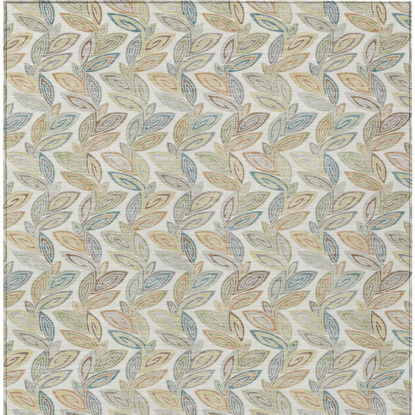 8' X 10' Ivory And Beige Botanical Leaves Washable Indoor Outdoor Area Rug