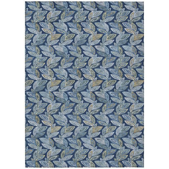 5' X 8' Navy Blue And Blue Botanical Leaves Washable Indoor Outdoor Area Rug