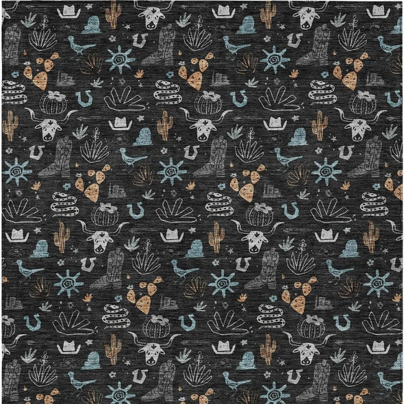 10' X 14' Black And Teal Blue Cactus Washable Indoor Outdoor Area Rug