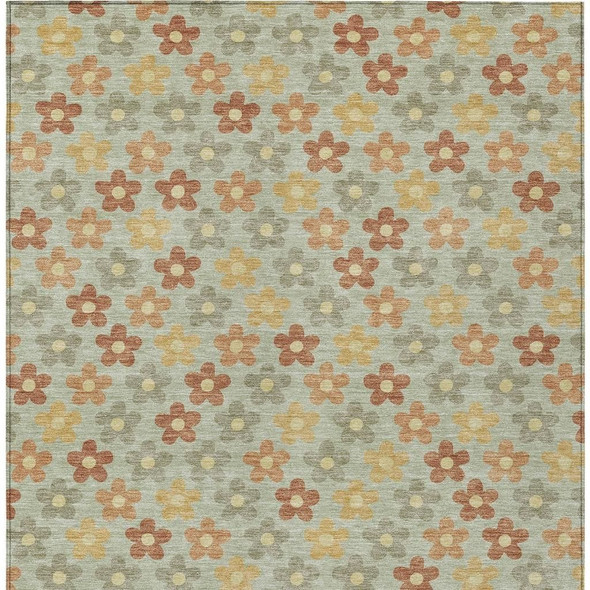 3' X 5' Green And Orange Floral Washable Indoor Outdoor Area Rug