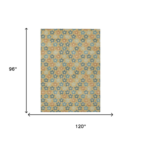 8' X 10' Gold And Copper Floral Washable Indoor Outdoor Area Rug