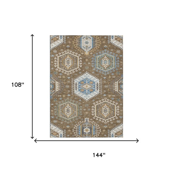 9' X 12' Brown And Beige Tribal Washable Indoor Outdoor Area Rug