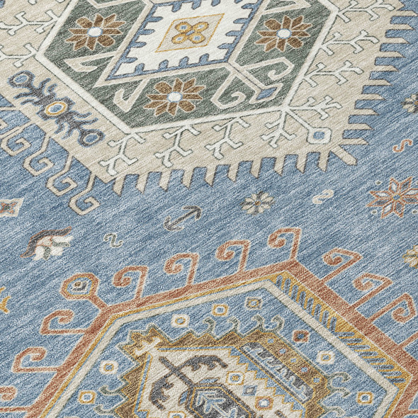 10' X 14' Denim Blue And Beige Tribal Washable Indoor Outdoor Area Rug